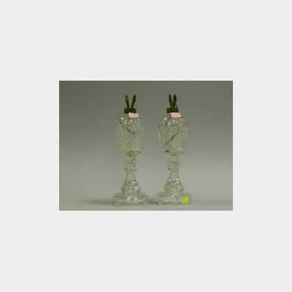 Pair of Colorless Sawtooth Glass Oil Lamps. 