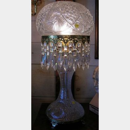 Victorian-style Pressed Glass and Brass Table Lamp and Shade