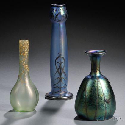 Three Iridescent Art Glass Vases 