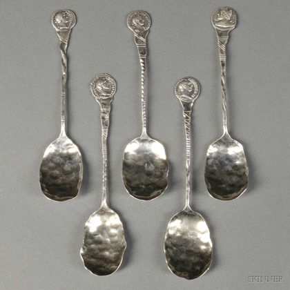 Five American Silver Teaspoons Mounted with Antique-style Coins