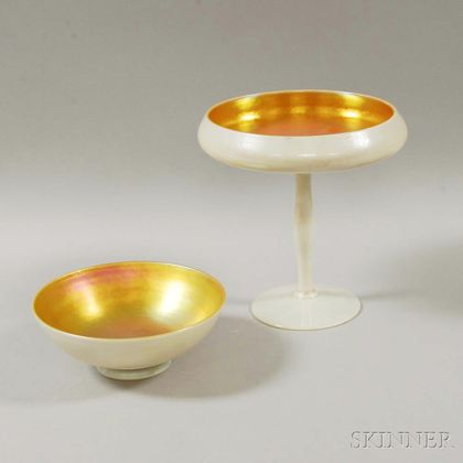 Steuben Gold Aurene on Calcite Compote and Bowl