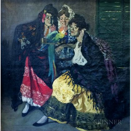 American or Continental School, 20th Century Three Festive Spanish Women with a Parrot