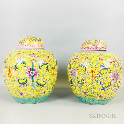 Pair of Famille Jaune Jars and Covers
