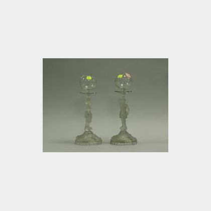 Pair of Frosted Pressed Colorless Figural Oil Lamps. 