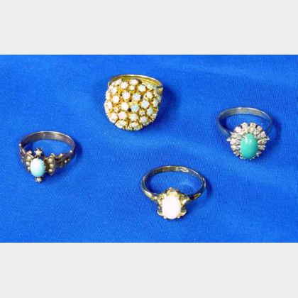 10kt Gold and Opal Cluster Ring, 10kt Gold-Filled Opal Ring, 8kt Gold Victorian Turquoise and Seed Pearl Ring, and an 18kt White Gold T