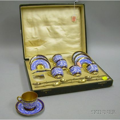 Boxed Set of Six Royal Worcester Porcelain Demitasse Cups and Saucers with a Set of Six English Sterling Silver Demitasse Spoons