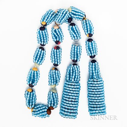 Blue Glass Beaded Tassel Necklace