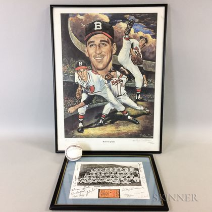 Clint Conatser and Roy Hartsfield Autographed Baseball, a Warren Spahn Print, and a Framed 1948 Boston Braves Ticket Stub. 