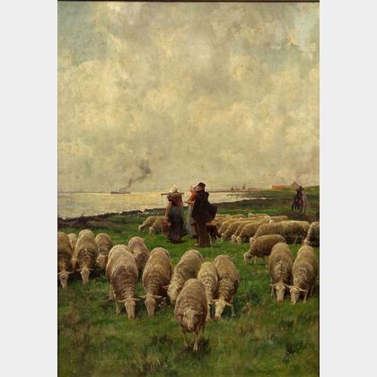 Franz van Leemputten (Dutch, 1850-1914) Grazing Flock on the Shore