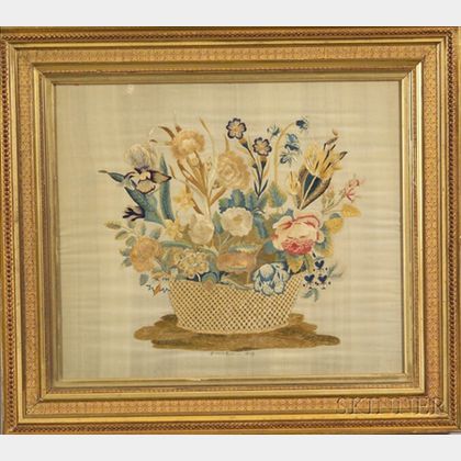 Silk Needlework Picture of a Basket of Flowers