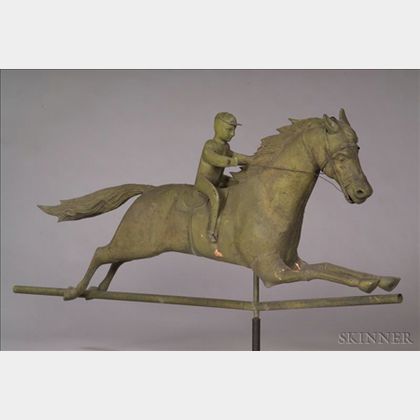 Large Molded Sheet Copper and Cast Iron Horse and Jockey Weather Vane