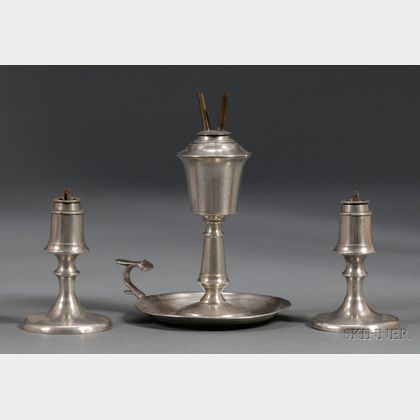 Pair of Pewter Sparking Lamps and a Chamber Lamp