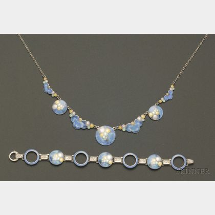 Art Nouveau Enamel and Sterling Silver Necklace and Bracelet Suite