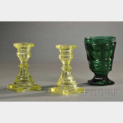 Pressed Glass Spill Holder and a Pair of Small Candlesticks