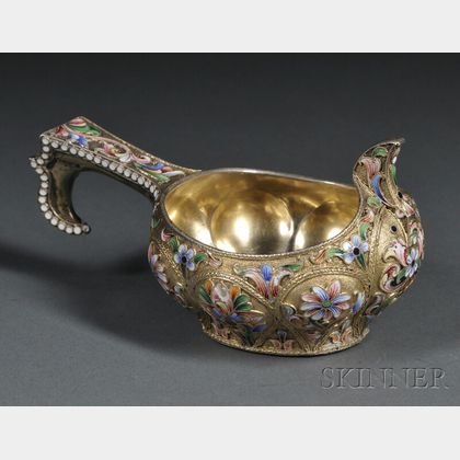 Russian Gold-washed Silver and Cloisonne Enamel Kovsh