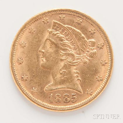 1885 $5 Liberty Head Gold Coin. Estimate $300-400