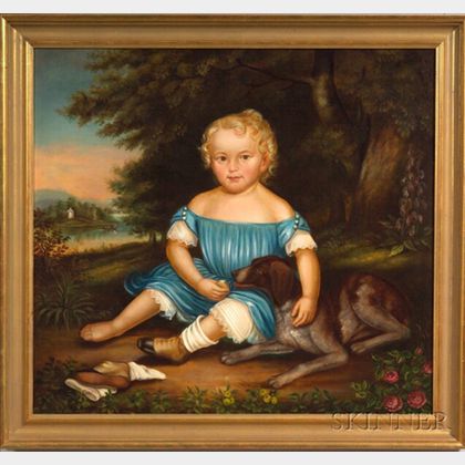 American School, 19th Century Portrait of a Child in a Landscape with a Dog.