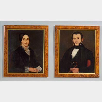 American School, 19th Century Pair of Portraits of a Man and a Woman.