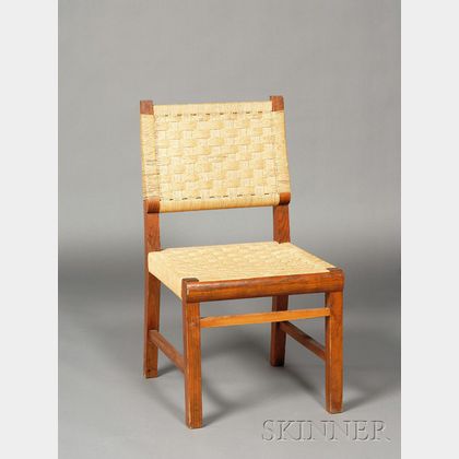 Four Woven Fiber Upholstered Wooden Dining Chairs