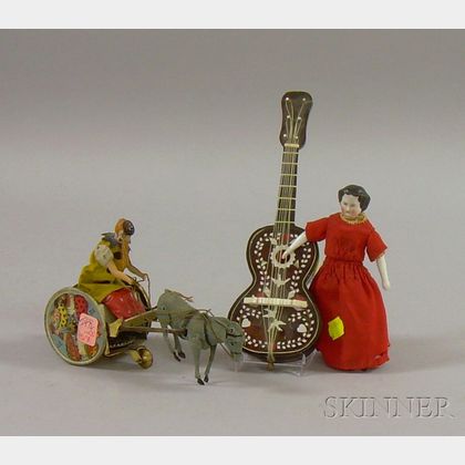 Small Porcelain Shoulder Head Doll, a Venetian-type Inlaid Faux Tortoiseshell Guitar-form Music Box, and a Lehm... 