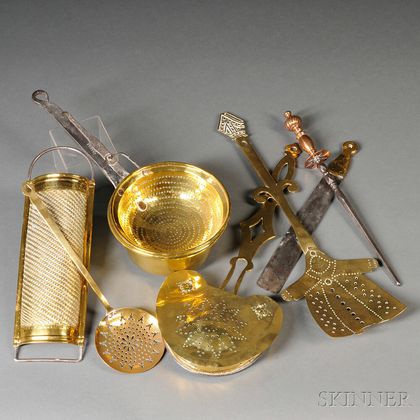 Eight Brass Cooking and Hearth Utensils