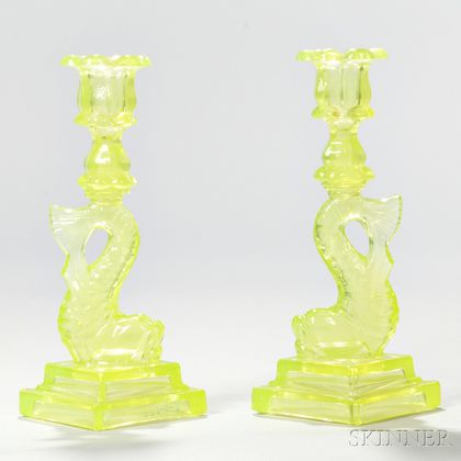 Pair of Lemon Yellow Pressed Glass "No Eyed" Dolphin Candlesticks