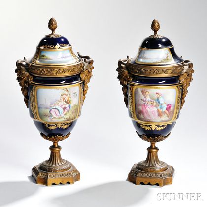 Pair of Sèvres-style Gilt-bronze Mounted Candle Urns