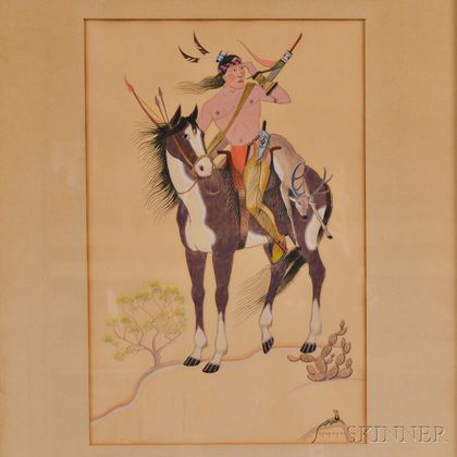 Framed Gouache of an Indian Hunter on Horseback