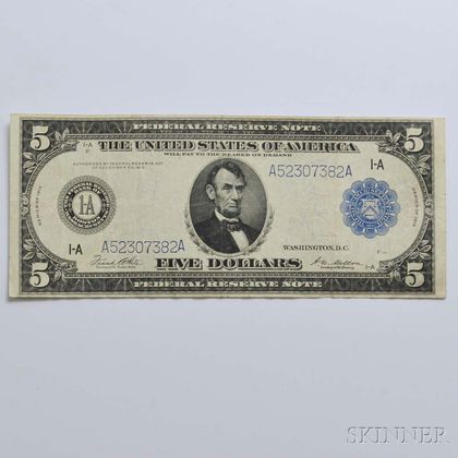 1914 $5 Federal Reserve Note. Estimate $50-100