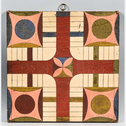 Painted Double-sided Parcheesi and Checkers Game Board