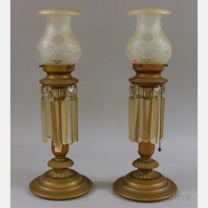 Pair of Brass Table Lamps with Frosted Etched Glass Shades and Prisms