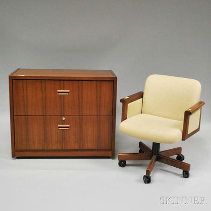Modern Upholstered Swivel Desk Chair and a Biltrite Walnut Veneer Two-drawer File Cabinet