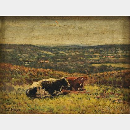 George Arthur Hays (American, 1854-1934) Two Cows Resting in a Broad Landscape