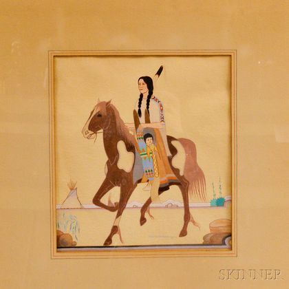 Framed Gouache of a Female Indian and Baby on Horseback