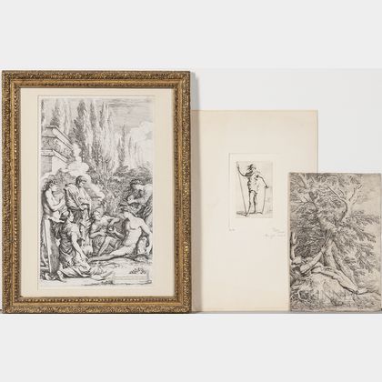 Salvator Rosa (Italian, 1615-1673) Three Etchings: The Genius of Salvator Rosa, Saint William of Maleval, hands tied with... 