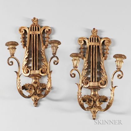 Pair of Italian Giltwood Lyre-form Sconces