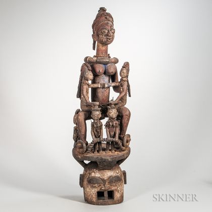 Yoruba-style Carved and Stained Wood Maternity Figure
