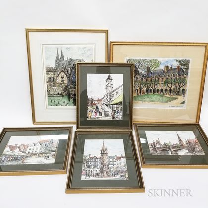 Six Framed Modern Hand-tinted Etchings of European Cities. Estimate $20-200