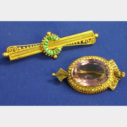 Gold and Turquoise Pin, and an Amethyst and Pearl Brooch. 