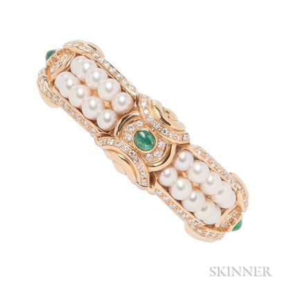 18kt Gold, Cultured Pearl, Diamond, and Emerald Bracelet