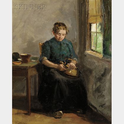 Charles Paul Gruppe (Canadian/American, 1860-1940) Woman Polishing a Kettle