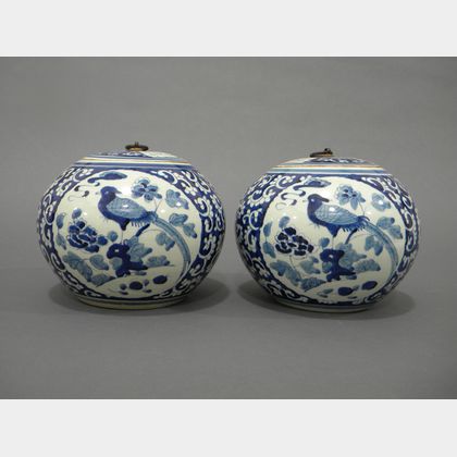 Pair of Blue and White Covered Jars