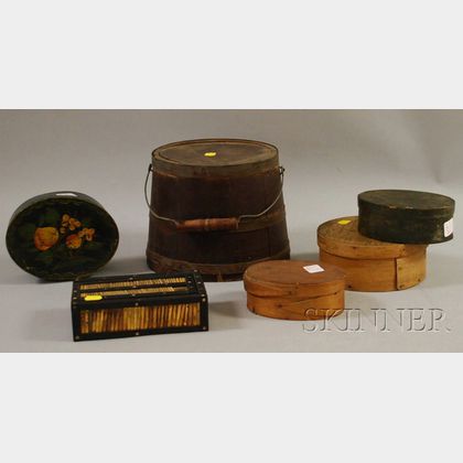 Four Small Wood Lap-sided Boxes, a Wooden Pail, and a Quill and Ebony Slide-lid Box