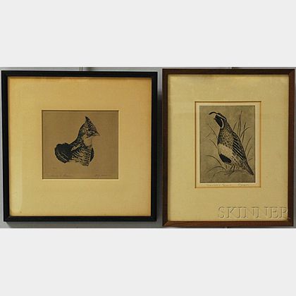 Two Framed Etchings of Birds: William Joseph Schaldach (American, 1896-1982),Head of a Grouse