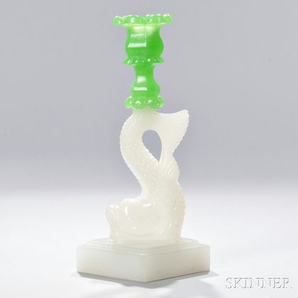 Opaque White and Green Pressed Glass Dolphin Candlestick