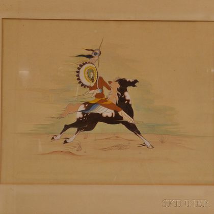 Framed Gouache of a Warrior on Horseback