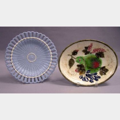 Wedgwood Blue and White Glazed Reticulated Basketweave Plate and a Wedgwood Majolica Pear and Grape Decorated Platter. 
