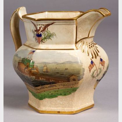 Polychrome Painted Transfer Decorated Earthenware Pitcher Commemorating The Landing of Lafayette at Castle Garden, New York City, Augus
