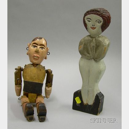Folk Carved and Painted Wooden Articulated Marionette Puppet and a Carved and Painted Wooden Standing Figure of a Woman