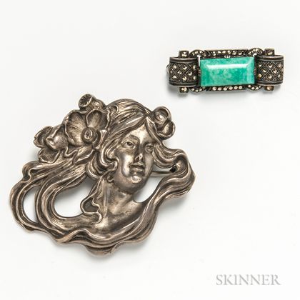 William Kerr Art Nouveau Sterling Silver Figural Brooch and a German Sterling Silver Amazonite and Marcasite Brooch